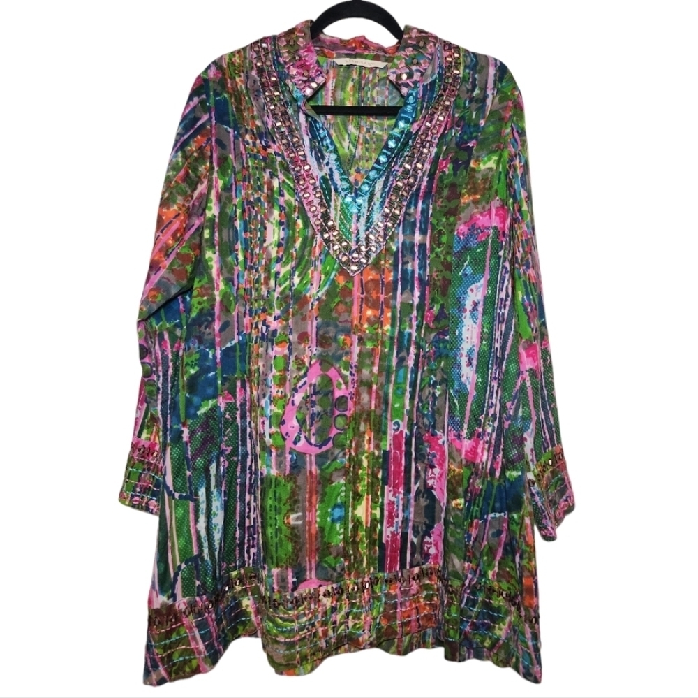Soft Surroundings Batik Oversized Embroidered V-Neck Long Sleeve Tunic Size M - Picture 2 of 8